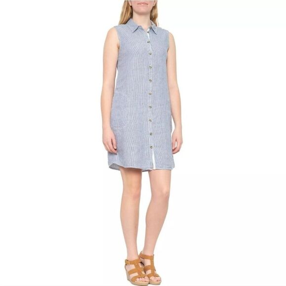 Tahari Striped Sleeveless Shirt Dress 100% Linen Pockets Blue White Medium - Picture 1 of 9